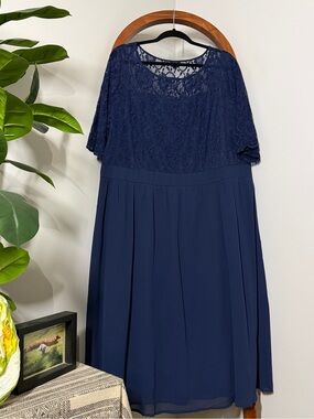 Pinup Fashion 22W Navy Blue Chiffon Lace Illusion Half Sleeve Dress NEW